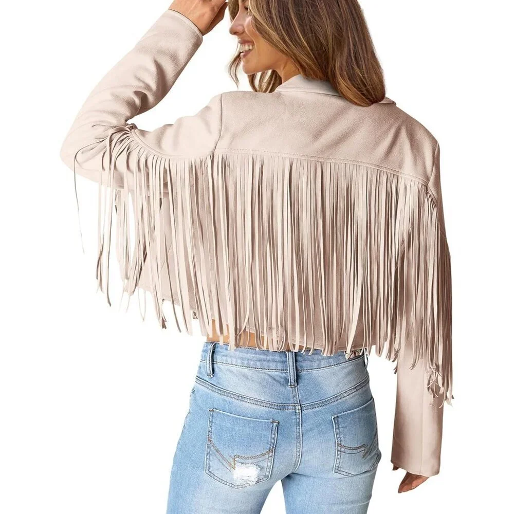 Women's Beige Apricot Fringe Faux Suede Leather Tassel Motorcycle Cropped Jacket - Picture 3 of 9